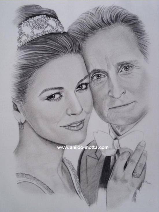 Catharine Zeta Jones e Michael Douglas Desenho a lápis Catharine Zeta Jones e Michael Douglas Desenho a lápis