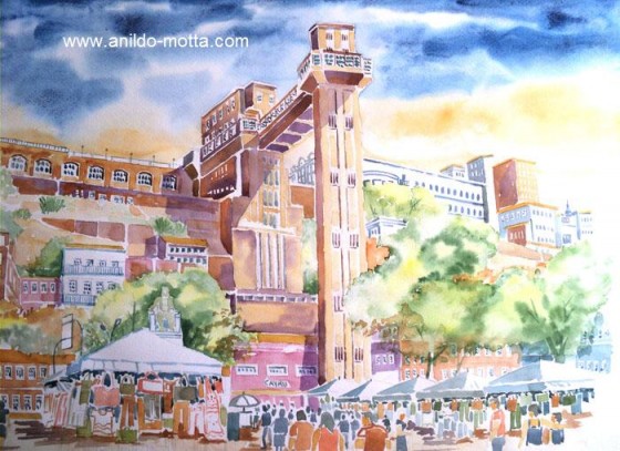 Elevador Lacerda em aquarelas